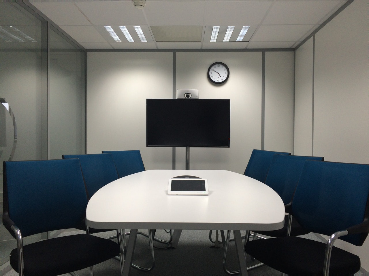 A room set up with video conference technology